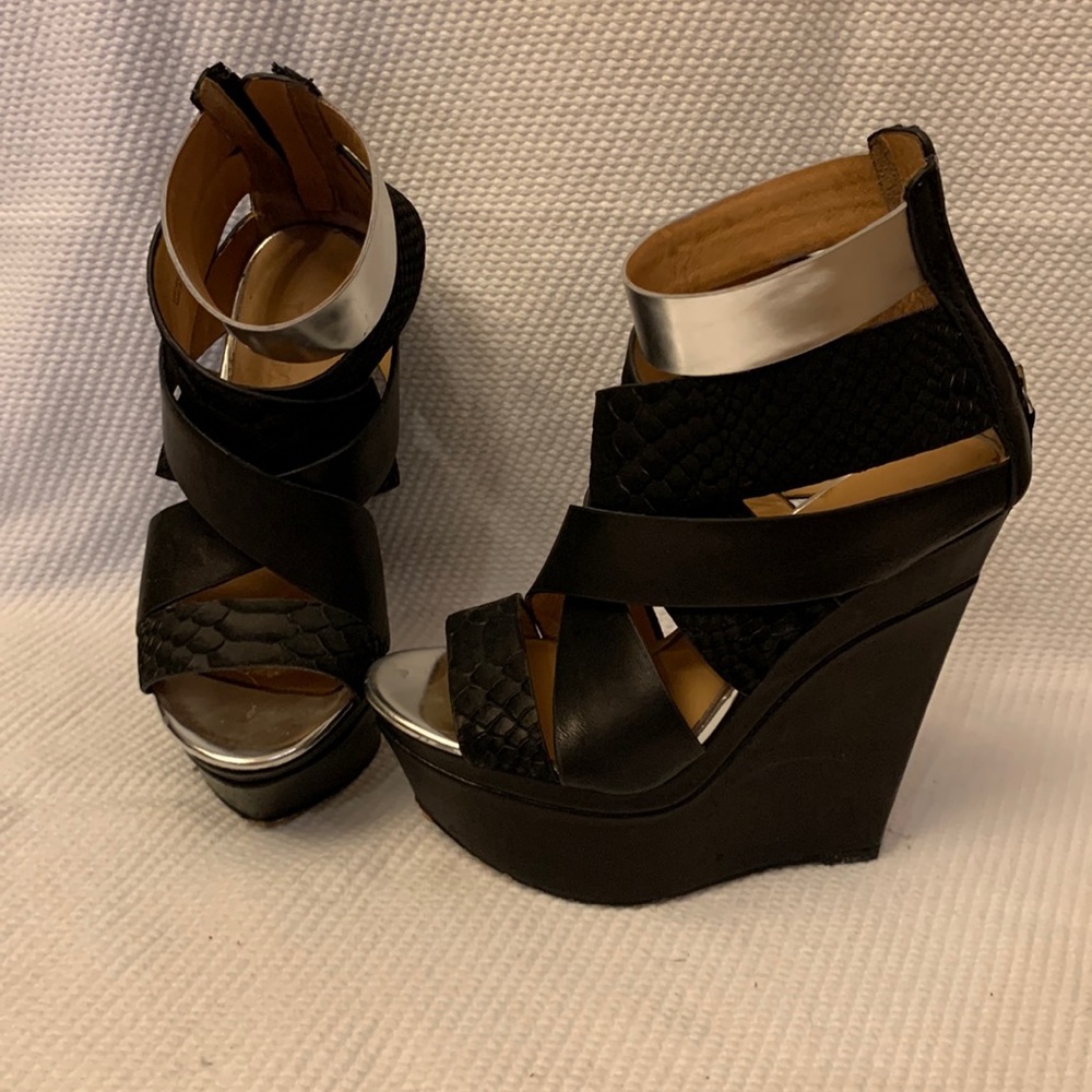 L.A.M.B. Strapped black and silver platform wedge size 6